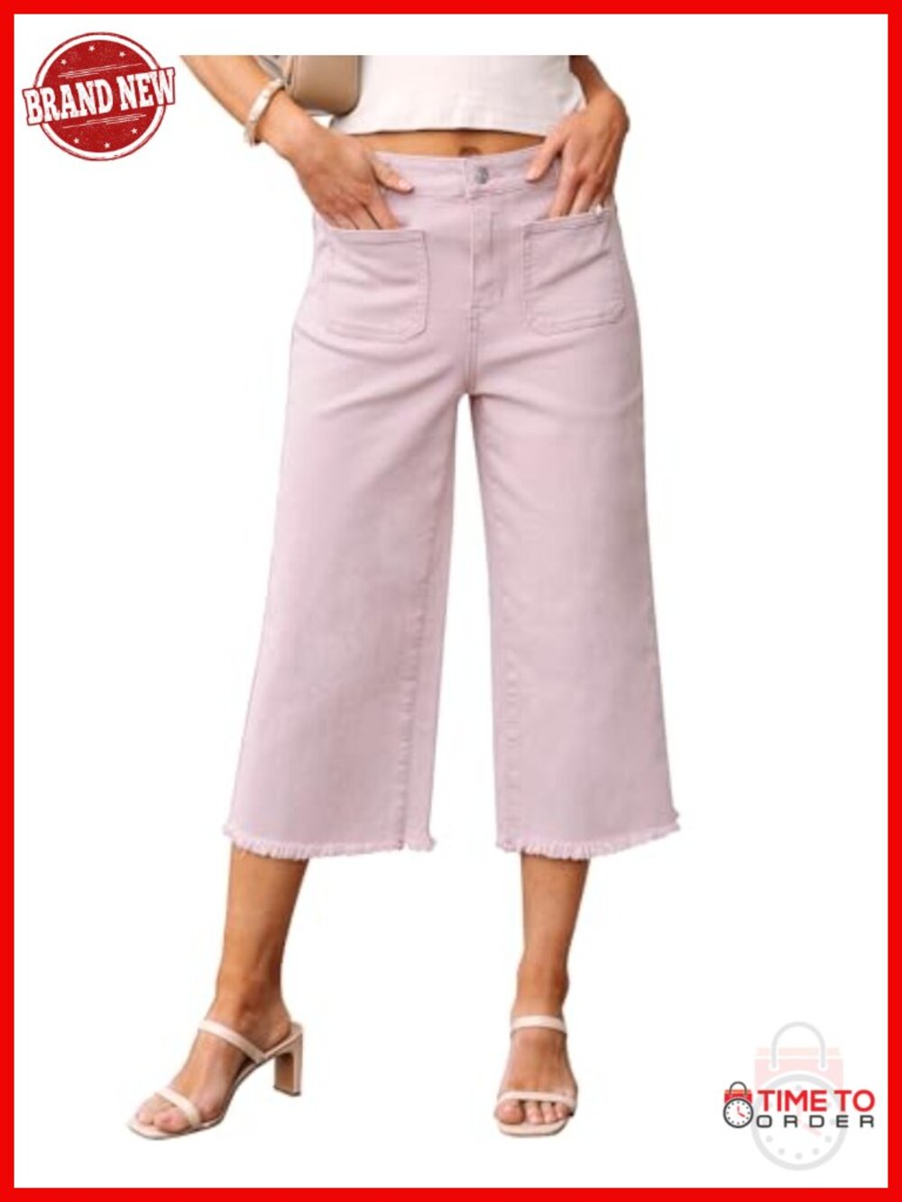 Women's Wide Leg High Waisted Cropped Capri Jeans Stretchy Cotton Blend